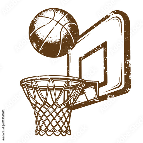 Drawing Vintage Brown basketball going through hoop with net and backboard on white background