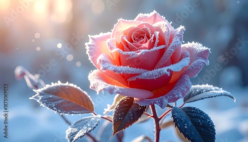 Frozen rose in winter landscape scene.