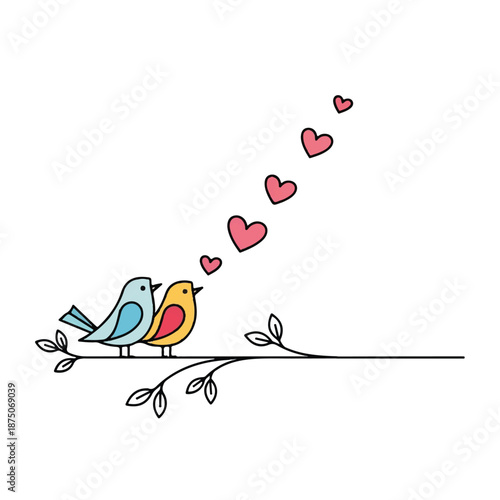 Two birds perched on a branch with hearts floating above them, symbolizing love and affection in a serene natural setting.
