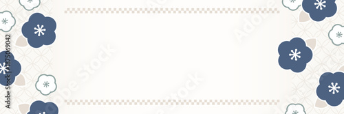 濃藍の梅の花と市松模様の和風フレーム背景｜上品で落ち着いた余白デザイン 横長 バナー  カード