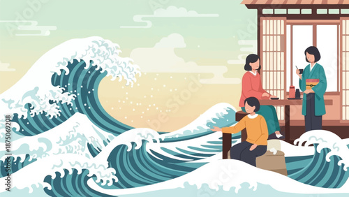 Stylized illustration of women at a seaside teahouse with a great wave crashing in ukiyo-e style