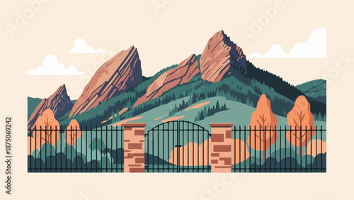 Stylized illustration of rocky mountains behind a forest, viewed from a closed wrought-iron gate