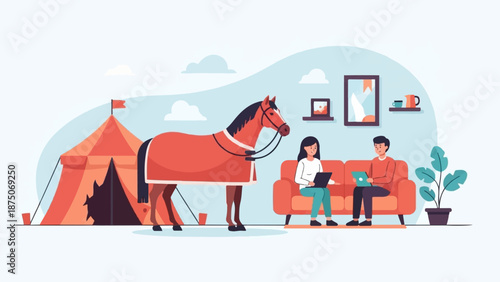 Surreal flat illustration of a couple on a couch with a circus horse and tent in their living room