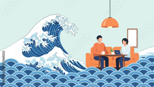 Surreal illustration of a couple in a living room, unfazed by a giant Japanese-style wave