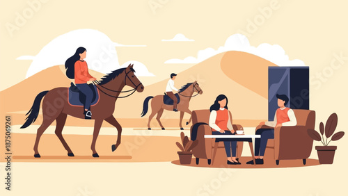 Surreal illustration combining a desert horse ride with a cozy indoor lounge scene, blending realities
