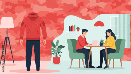 Surreal illustration of a headless figure in a room where a couple works on a laptop together