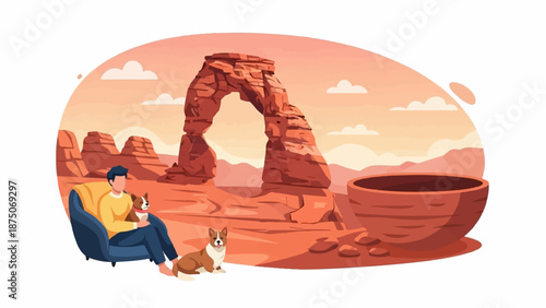 Surreal illustration of a man in an armchair with his dogs, admiring a majestic desert rock arch