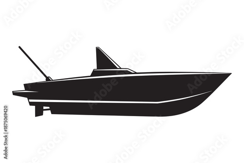 Black silhouette of a speed boat isolated on white background