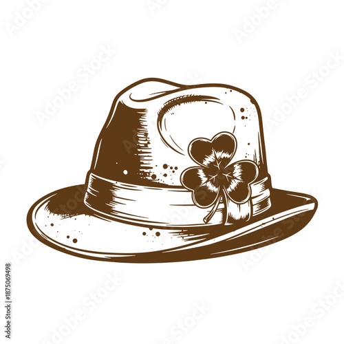 Drawing Vintage Brown cowboy hat with shamrock on band  St Patricks Day symbol  festive headwear