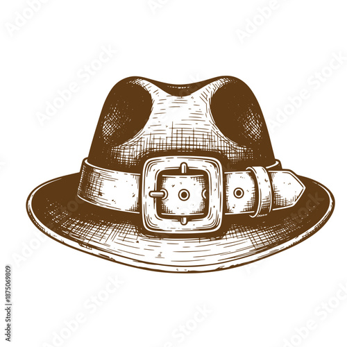 Drawing Vintage Brown cowboy hat with leather belt and buckle  illustration of a classic western hat with a wide brim and chin strap