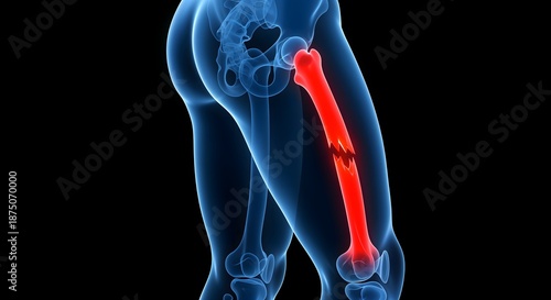 Artistic medical illustration of a human leg on a black background. Glowing blue bones contrast with a jagged, red-highlighted fracture in the femur, creating a modern X-ray visualization.