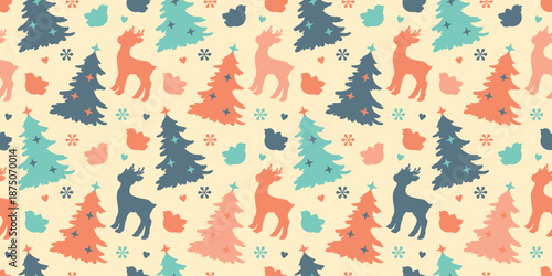 A wide Christmas seamless background with festive trees, reindeer, and birds in a pastel childish aesthetic. Perfect as holiday wallpaper, wrapping paper, or fabric.