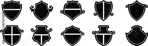 Collection of ten black shields with various designs