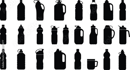 Plastic bottle silhouette set, water container icons, sport drink flask, cleaning detergent jug, liquid packaging, cad drawing flat vector illustration