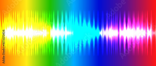 Rainbow vector background with neon voice lines. Uneven glow abstract tech backdrop. Musical wave oscillation. Sound visualization.