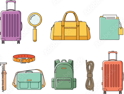 Travel luggage adventure gear set, suitcases backpacks explorer tools, journey vacation equipment icons, outdoor trip cad drawing flat vector illustration