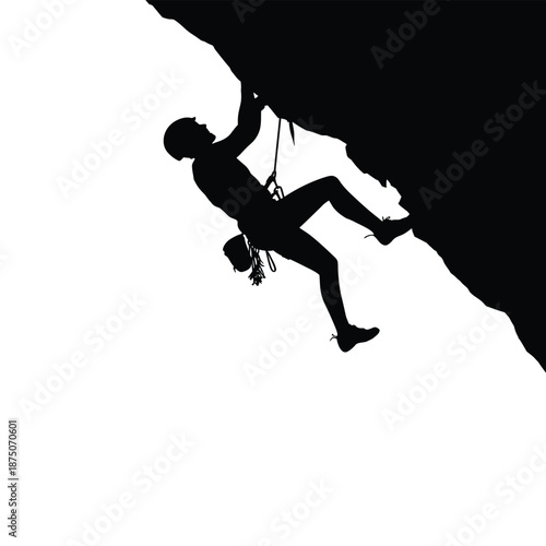 Man rock climbing with rope and harness silhouette on white background