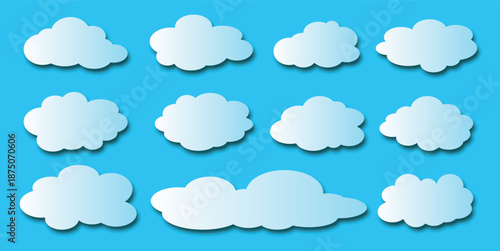 A collection of cute cartoon clouds with soft shadows on a clear blue sky background