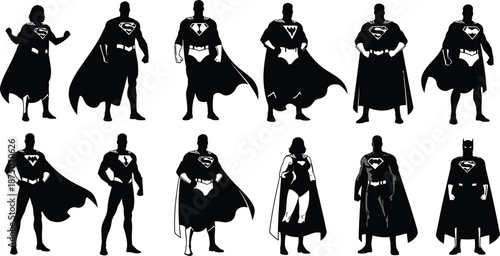 Superhero silhouette set, heroic poses with capes, comic book characters, male and female brave warriors, cad drawing flat vector illustration