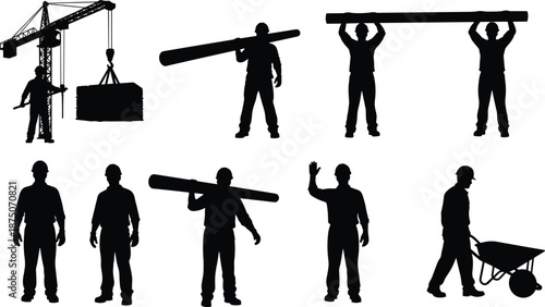 Construction worker silhouettes set, builders with tools, crane operator, carrying pipes, pushing wheelbarrow, manual labor industrial site, cad drawing flat vector illustration