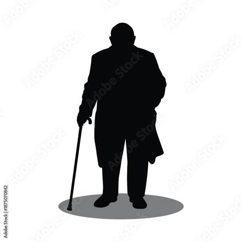 Silhouette of a senior man standing with a cane alone