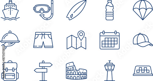 Set of fifteen blue linear travel icons featuring summer vacation essentials landmarks and transport elements isolated on white background for tourism web design