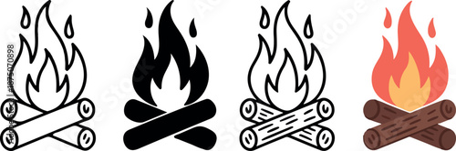 Campfire Icon Set – Bonfire and Firewood Vector Illustrations.  Bonfire Icon Set – Campfire Symbols in Outline, Solid and Color Styles. Firewood Campfire Icons – Outdoor Camping Illustration Pack. 