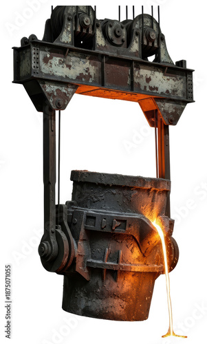 Large industrial metal foundry ladle pouring hot molten steel liquid isolated on transparent background