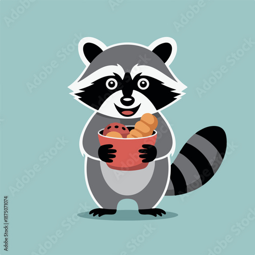 Cute cartoon raccoon with food bowl isolated on transparent background, Vector, illustration