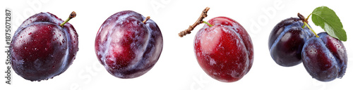 Set of fresh ripe purple plums with water drops and green leaf PNG, transparent background