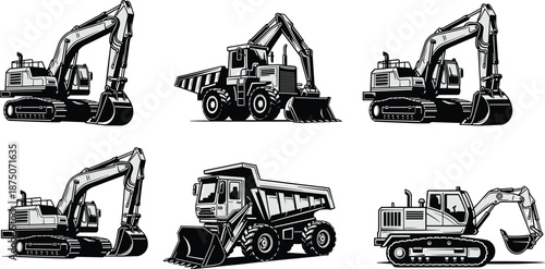Heavy construction machinery set, excavator and dump truck illustrations, 