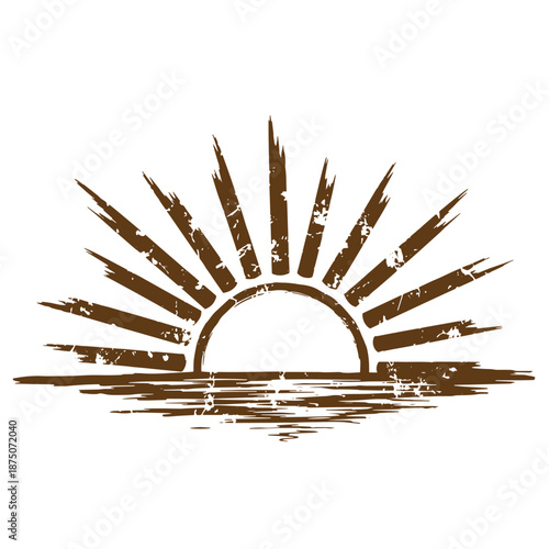 Drawing Vintage Brown grungy sun rising over water  distressed illustration