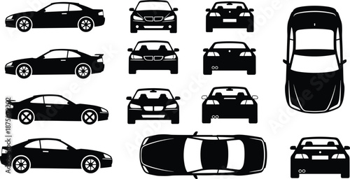 Car silhouette set, sports coupe side view, front and rear vehicle perspective, top view sedan, auto industry design elements, cad drawing flat vector illustration