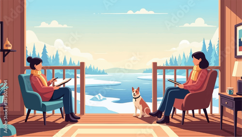 Two women and a dog relax on a cozy deck overlooking a serene, snowy winter landscape