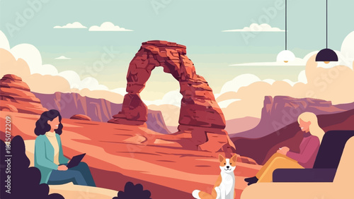 Two women and a dog relax in a surreal open-air lounge overlooking a desert rock arch