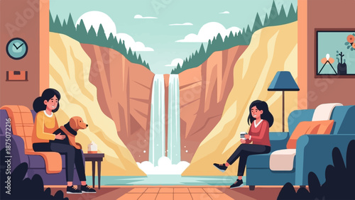 Two women and a dog relaxing in a modern living room with a stunning waterfall view
