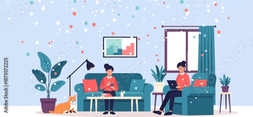 Two women and a pet relax in a cozy living room during a snowy winter day, one with a laptop