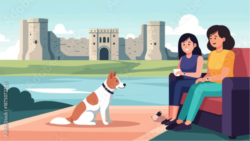 Two women and a dog relaxing on a couch by a lake with a historic castle in the background
