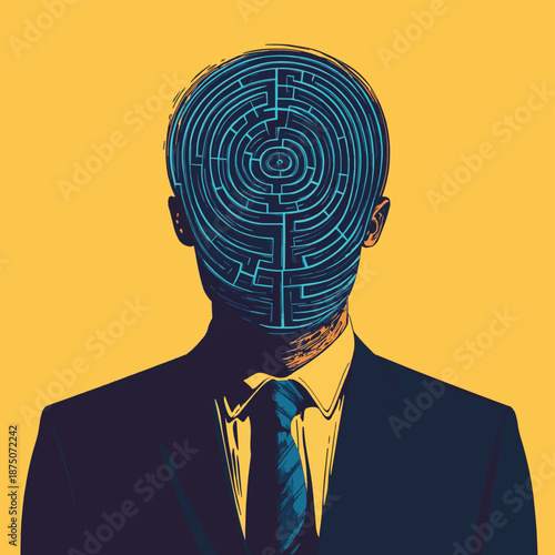 man in a suit with a labyrinth as a head, representing confusion, overthinking, or complex decision-making