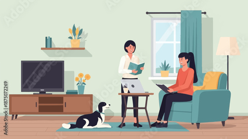 Two women and their dog relax in a cozy, modern living room, reading and using a tablet