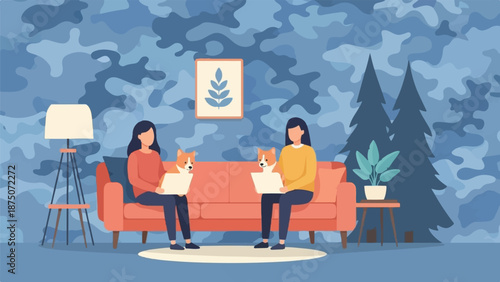 Two women and their corgi dogs work on laptops while sitting on a couch in a modern living room