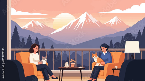Two women and their pets relax on a scenic balcony, watching the sunset over snowy mountains