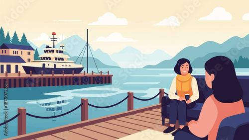 Two women chat on a pier overlooking a mountain harbor with a yacht and a seaplane reflection