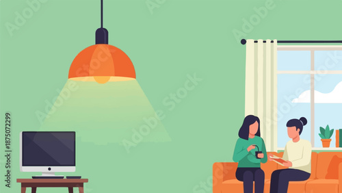 Two women chat on a sofa in a cozy living room, one holding a cup, the other a book. Vector art