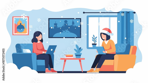 Two women in a cozy living room with laptops, one wearing a Santa hat as snow falls outside