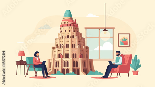 Vector illustration of two people working on laptops with the Tower of Babel in their living room
