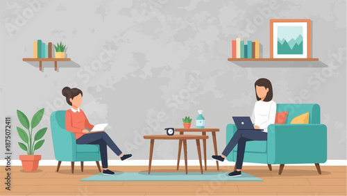 Two women in a modern living room, one reading, the other on a laptop, in a flat illustration