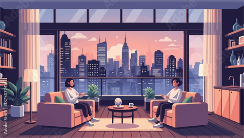 Two women in a modern penthouse apartment talking, with a stunning city skyline view at sunset