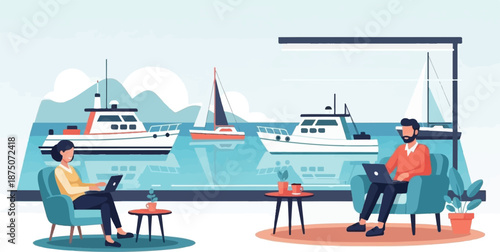 Vector illustration of two people working remotely with laptops by a window overlooking a marina