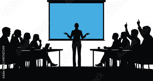 Business presentation silhouette set, speaker at blue screen, office meeting audience, professional training workshop, cad drawing flat vector illustration